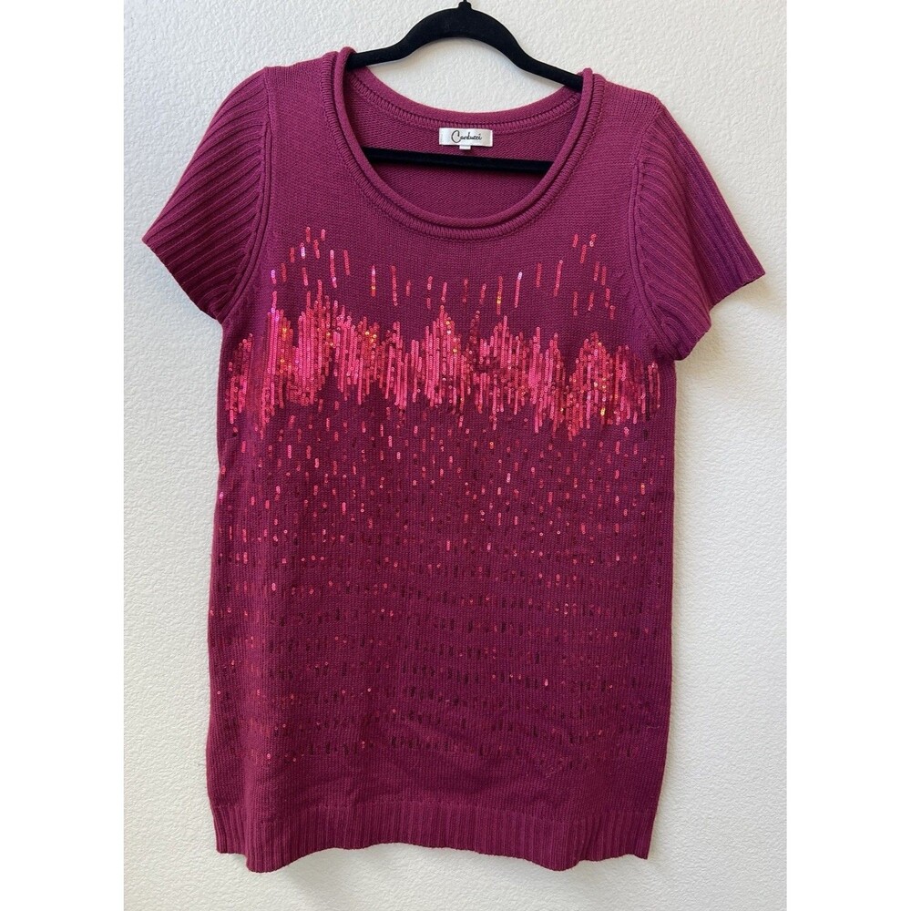 Carducci Womens Burgundy Pink Sequin Knit Sweater Short Sleeve Large